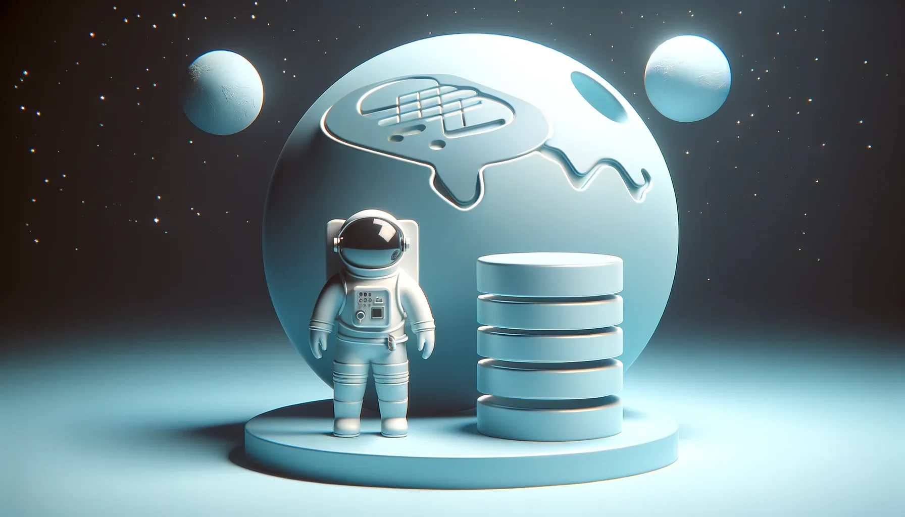 An cartoon astronaut standing on a platform besides a huge database with a planet with two moons in the background